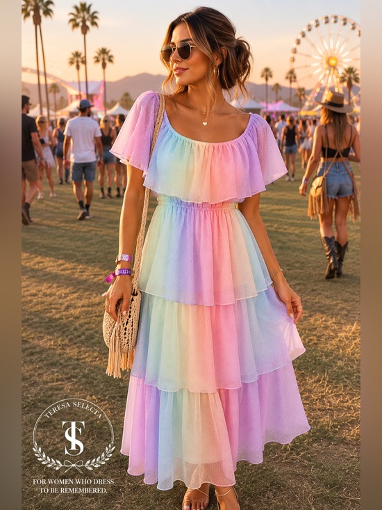 Etccy Dresses & Skirts - NWT Etccy Pastel Rainbow Tiered Off-Shoulder Maxi Dress 🌈